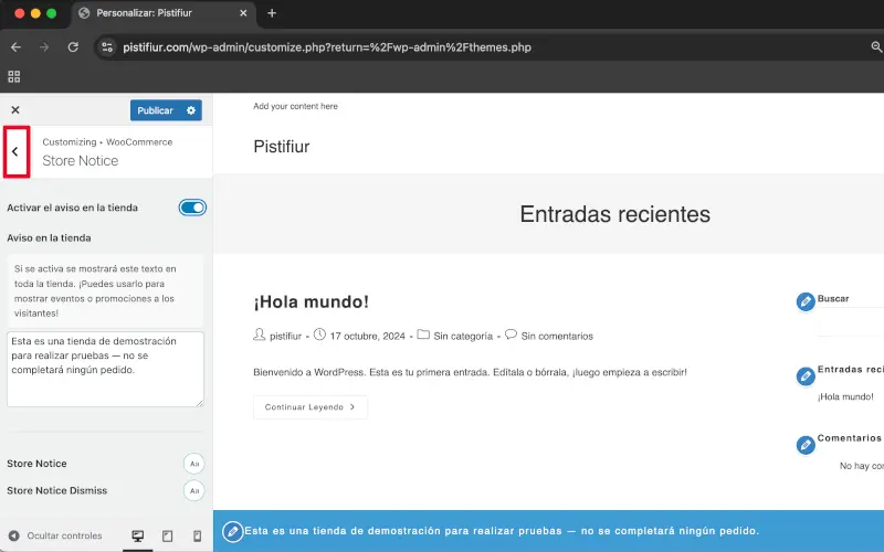 Ícono para regresar a menú en Personalizar en WooCommerce