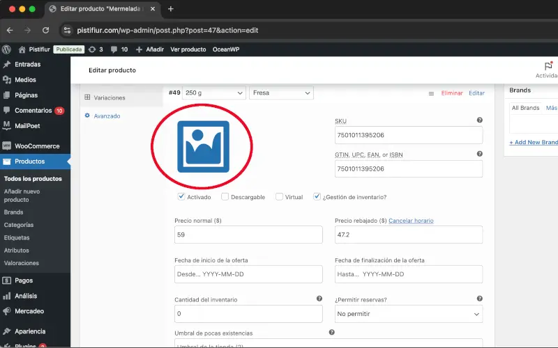Imagen de variación en Variaciones en Datos del producto en Productos en WooCommerce