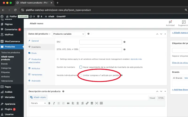 Inventario en Datos del producto en Productos en WooCommerce