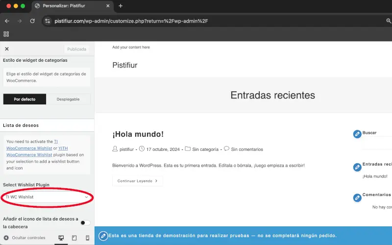 Lista de deseos en General en Personalizar en WooCommerce