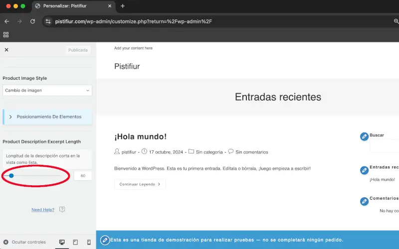 Longitud de la descripción corta en Opciones de visualización en Archivos en Personalizar en WooCommerce