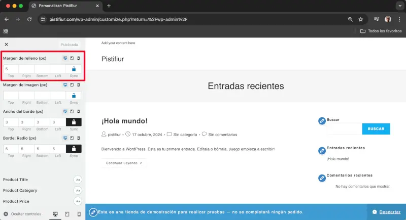 Margen de relleno, margen de imagen, ancho del borde, Radio del borde en Estilo de producto, Tipografía y Colores en Archivos en Personalizar en WooCommerce