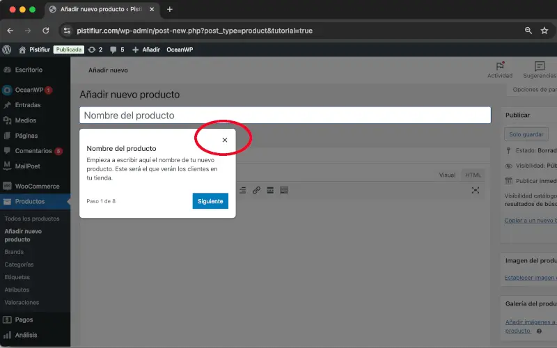 Mensaje de ayuda en Añadir nuevo producto en Productos en WooCommerce