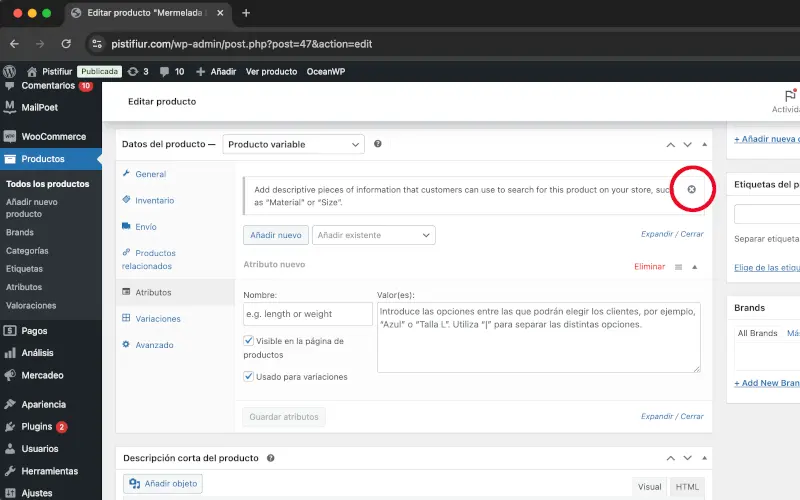 Mensaje de ayuda en Atributos en Datos del producto en Productos en WooCommerce