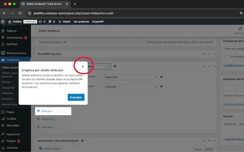 Mensaje de ayuda en Datos del producto en Productos en WooCommerce