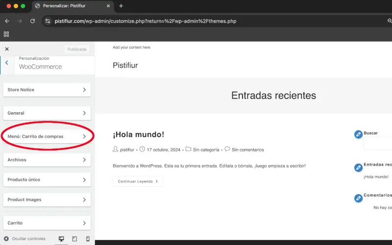 Menú: Carrito de compra en Personalizar en WooCommerce