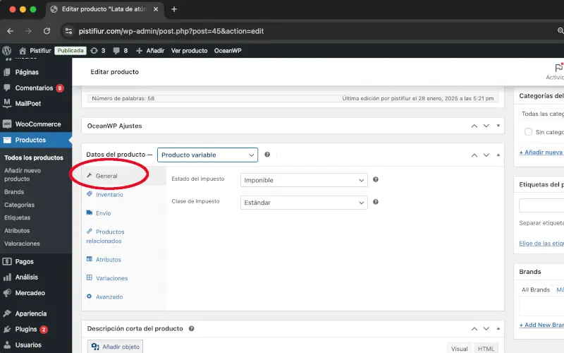 General en Datos del producto en Productos en WooCommerce