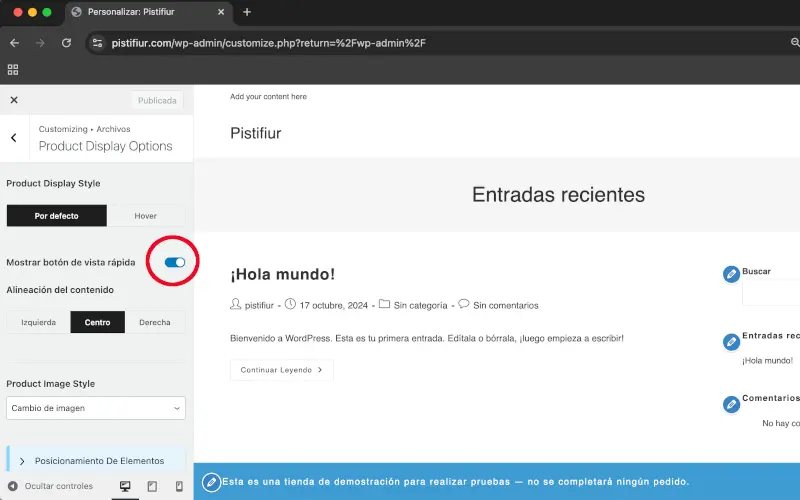 Mostrar botón de vista rápida en Opciones de visualización en Archivos en Personalizar en WooCommerce