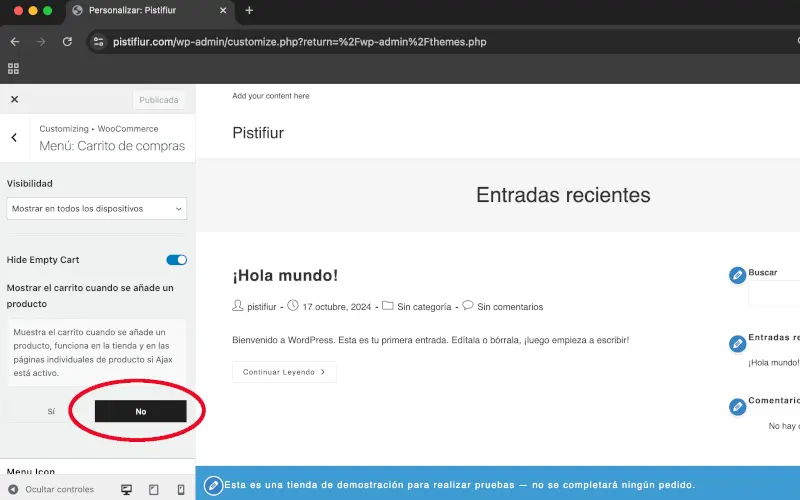 Mostrar carrito en Menú: Carrito de compra en Personalizar en WooCommerce