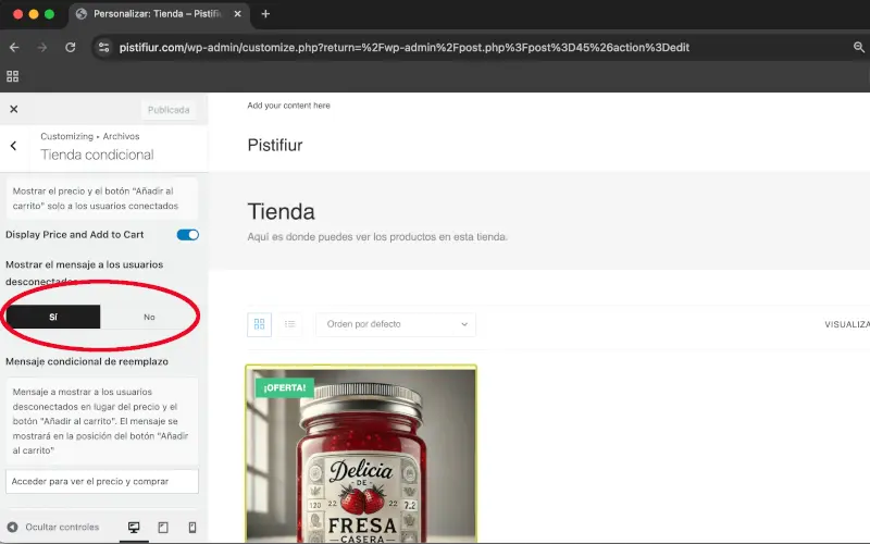 Mostrar mensaje a usuarios desconectados en Tienda condicional en Archivos en Personalizar WooCommerce