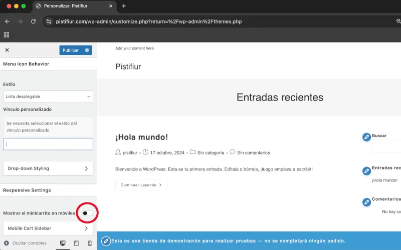 Mostrar minicarrito en móviles en Ajustes adaptables en Menú: carrito de compra en Personalizar en WooCommerce