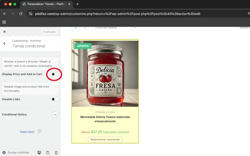 Mostrar precio y botón Añadir a carrito en Tienda condicional en Archivos en Personalizar WooCommerce