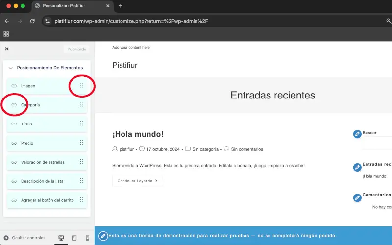 Mover o deshabilitar elementos en Opciones de visualización en Archivos en Personalizar en WooCommerce