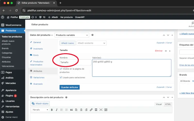 Nombre en Atributos en Datos del producto en Productos en WooCommerce