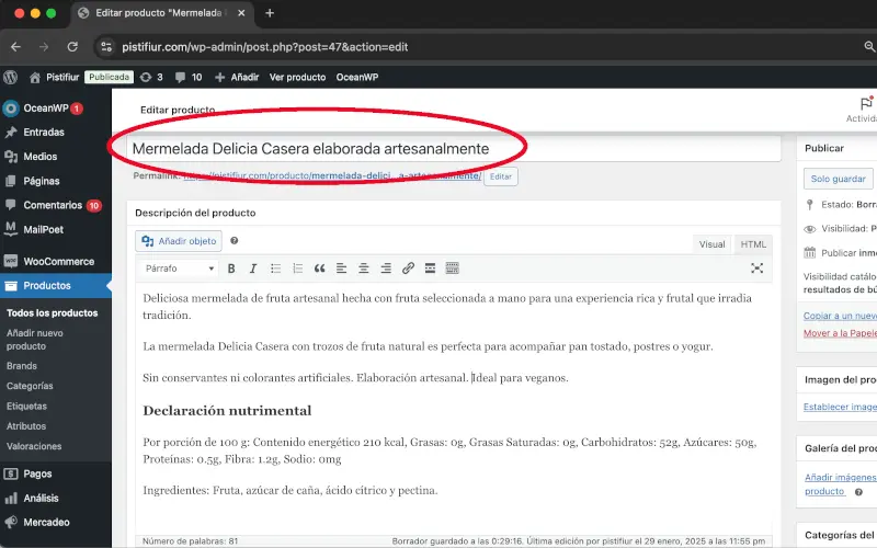Nombre de producto en Añadir nuevo producto en Productos en WooCommerce