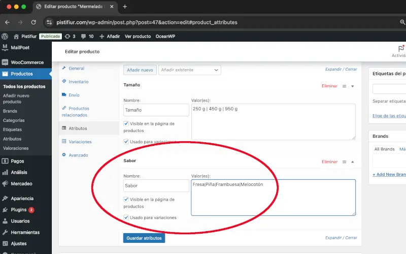 Nombre y Valores de nuevo atributo en Atributos en Datos del producto en Productos en WooCommerce