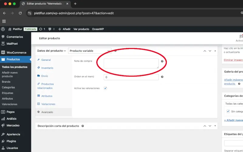 Nota de compra en Avanzado en Datos del producto en Productos en WooCommerce