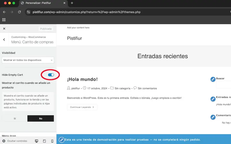 Ocultar carrito de compra en Menú: Carrito de compra en Personalizar en WooCommerce