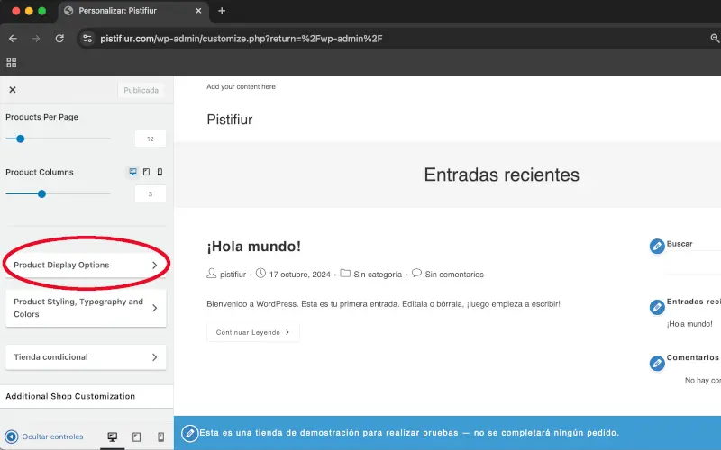 Opciones de visualización de producto en Archivos en Personalizar en WooCommerce
