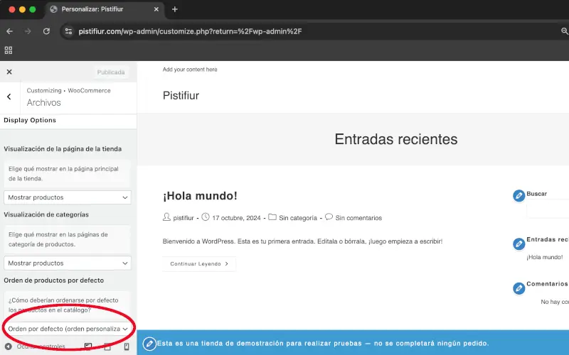 Opciones de visualización de categoría en Archivos en Personalizar en WooCommerce