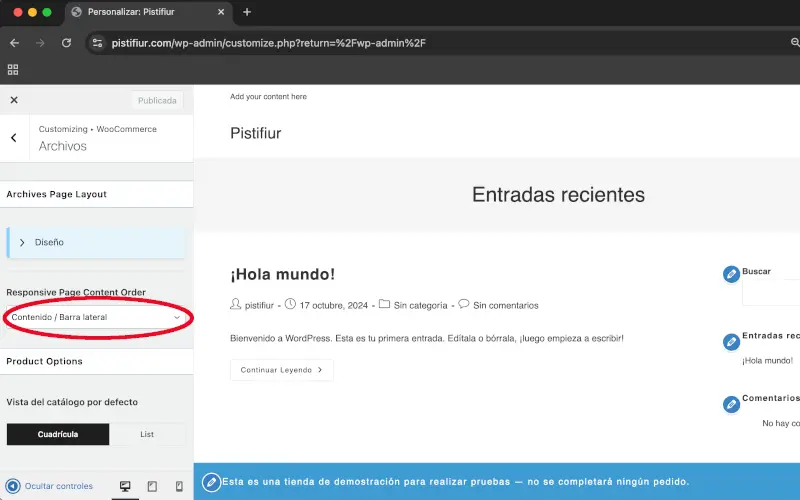 Orden del contenido de la página de archivos en Archivos en Personalizar en WooCommerce