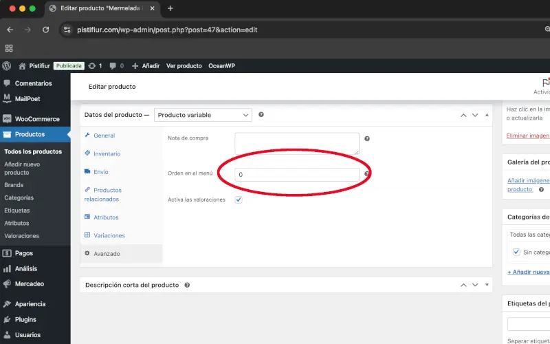 Orden del menú en Avanzado en Datos del producto en Productos en WooCommerce