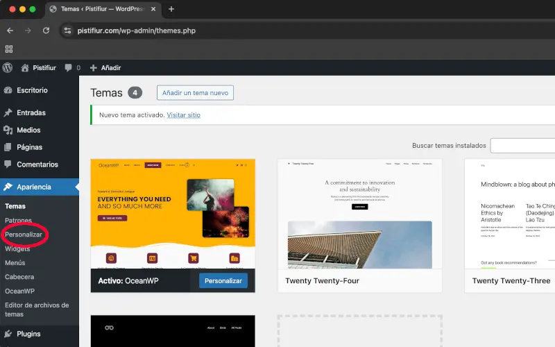 Personalizar en Apariencia en WordPress
