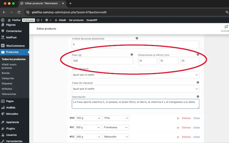 Peso y Dimensiones en Variaciones en Datos del producto en Productos en WooCommerce