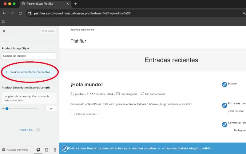 Posicionamiento de elementos en Opciones de visualización en Archivos en Personalizar en WooCommerce