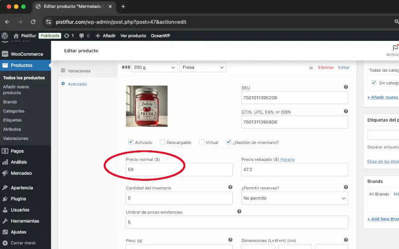 Precio normal en Variaciones en Datos del producto en Productos en WooCommerce