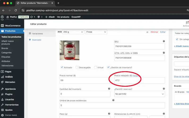 Precio rebajado en Variaciones en Datos del producto en Productos en WooCommerce