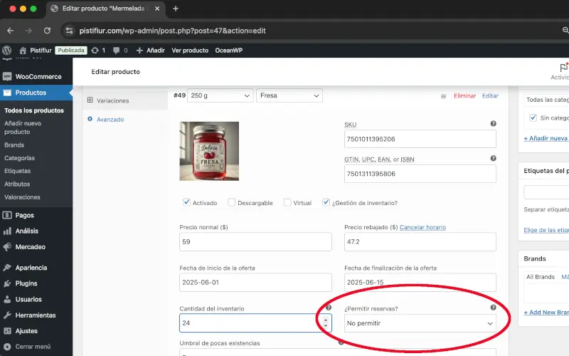 Permitir reservas en Variaciones en Datos del producto en Productos en WooCommerce