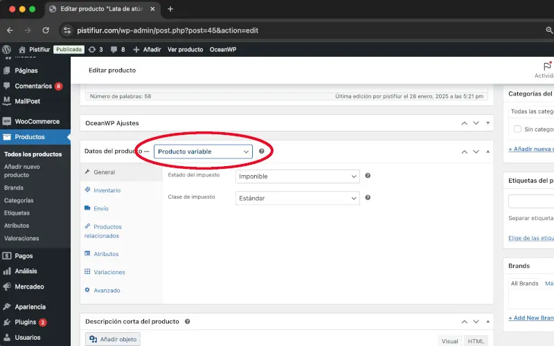 Producto variable en Datos del producto en Productos en WooCommerce