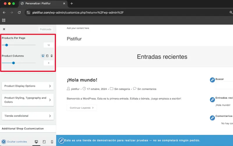 Productos por página y Productos por columna en Archivos en Personalizar en WooCommerce