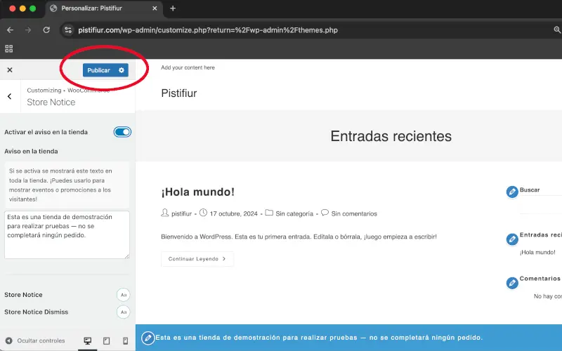 Publicar Aviso de tienda en Personalizar en WooCommerce