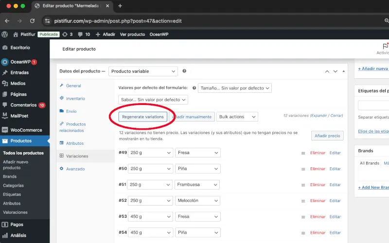 Regenerar variaciones en Variaciones en Datos del producto en Productos en WooCommerce
