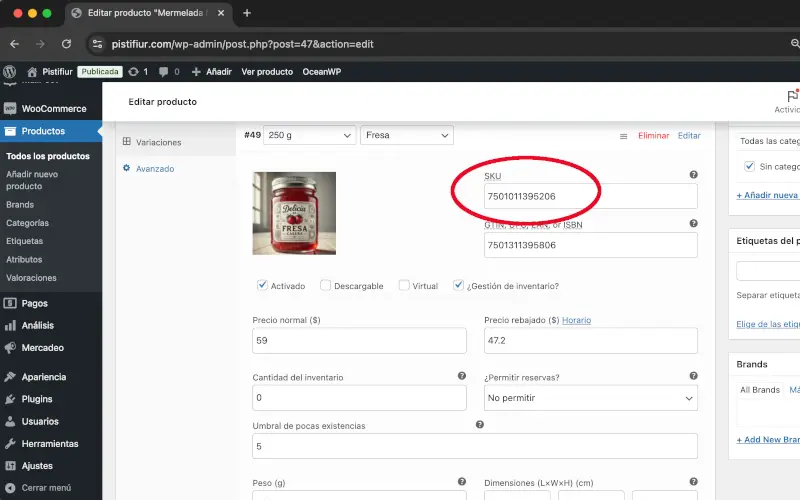 SKU de variación en Variaciones en Datos del producto en Productos en WooCommerce