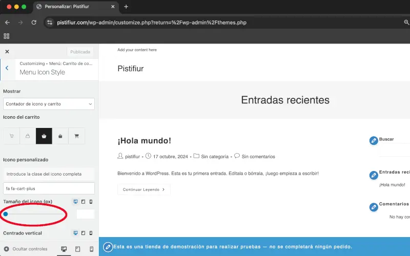 Tamaño del ícono en Estilo del ícono del menú en Menú: Carrito de compra en Personalizar en WooCommerce
