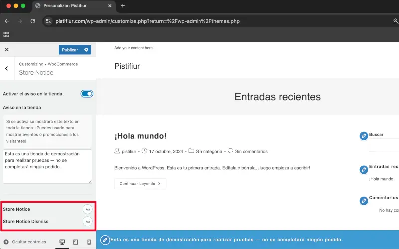 Tipografía de Aviso de tienda en Personalizar en WooCommerce