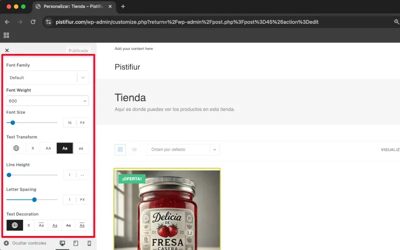 Tipografía, Peso, Tamaño, Altura de línea, Espacio entre letras, Decoración del Mensaje condicional en Tienda condicional en Archivos en Personalizar WooCommerce