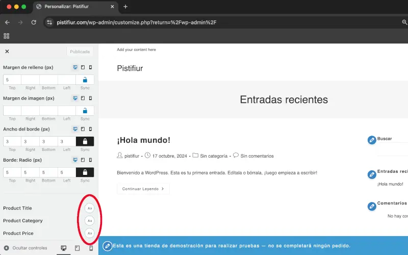 Título de producto, Categoría, Precio y Añadir a carrito en Estilo de producto, Tipografía y Colores en Archivos en Personalizar en WooCommerce