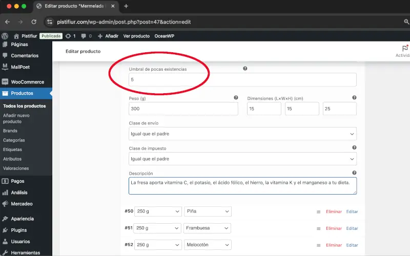 Umbral de pocas existencias en Variaciones en Datos del producto en Productos en WooCommerce