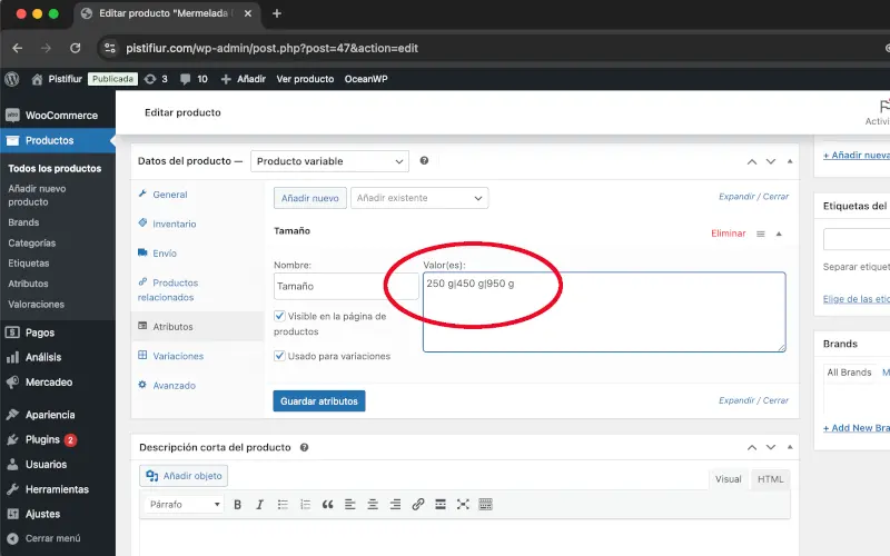 Valores en Atributos en Datos del producto en Productos en WooCommerce