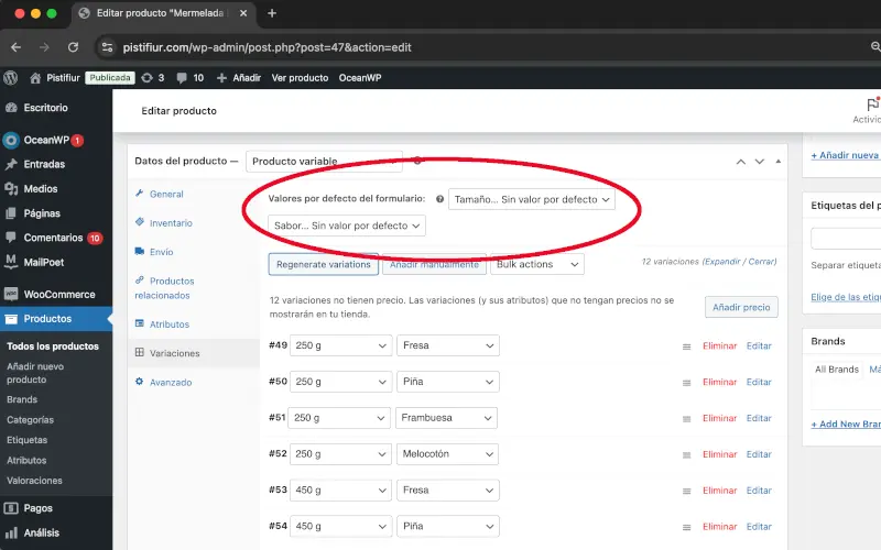Valores por defecto en Variaciones en Datos del producto en Productos en WooCommerce