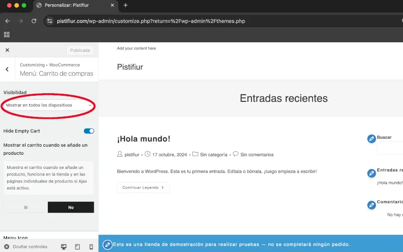 Visibilidad en Menú: Carrito de compra en Personalizar en WooCommerce