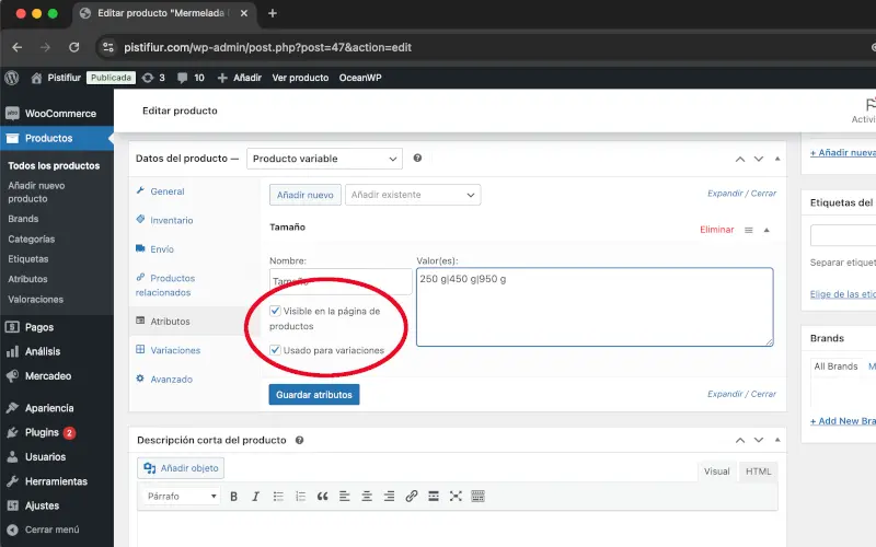 Visible en la página de productos y Usado para variaciones en Atributos en Datos del producto en Productos en WooCommerce