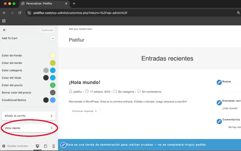 Vista rápida en Estilo de producto, Tipografía y Colores en Archivos en Personalizar en WooCommerce